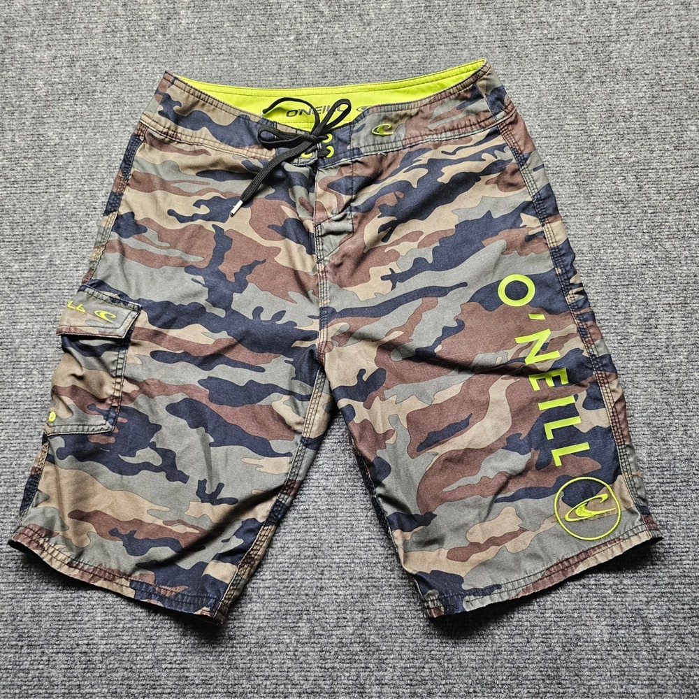ONeill Mens Camo Board Shorts Neon Green Logo Size 29 Camouflage Swim Trunks